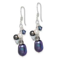 QE2556 Sterling Silver Polished Blue & Black Crystal, Black and White Freshwater Cultured Pearl Dangle Earrings