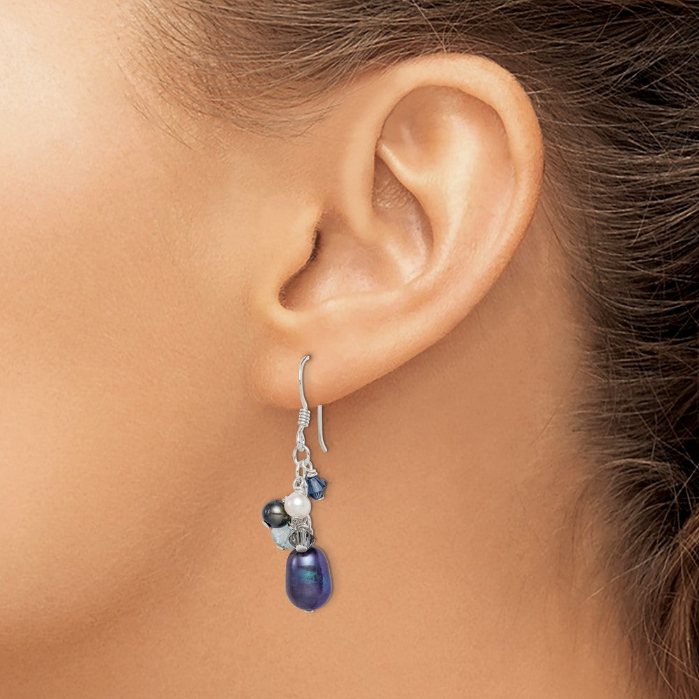 QE2556 Sterling Silver Polished Blue & Black Crystal, Black and White Freshwater Cultured Pearl Dangle Earrings