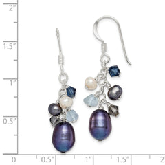 QE2556 Sterling Silver Polished Blue & Black Crystal, Black and White Freshwater Cultured Pearl Dangle Earrings