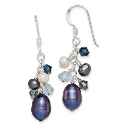 QE2556 Sterling Silver Polished Blue & Black Crystal, Black and White Freshwater Cultured Pearl Dangle Earrings