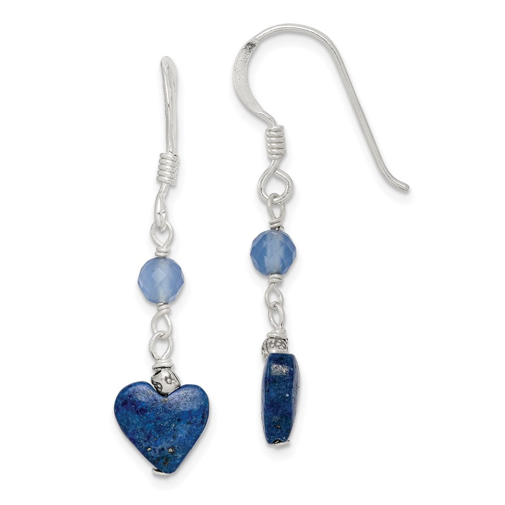 QE2571 Sterling Silver Polished & Antiqued Blue Agate & Lapis Heart Dangle Earring