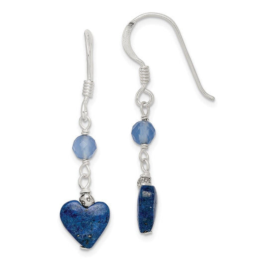 QE2571 Sterling Silver Polished & Antiqued Blue Agate & Lapis Heart Dangle Earring