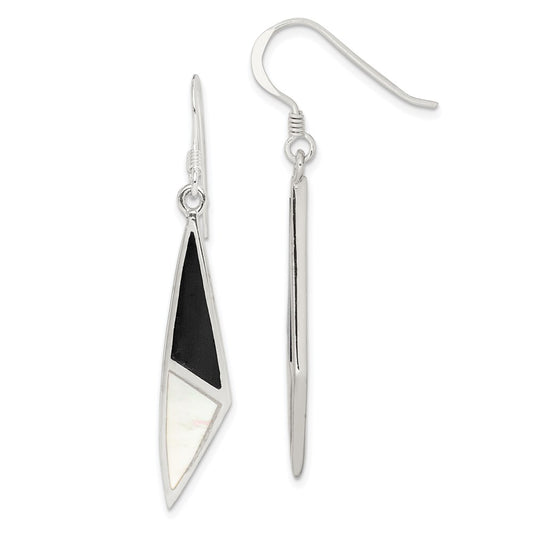 QE2726 Sterling Silver Polished Onyx & Mother of Pearl Dangle Earrings