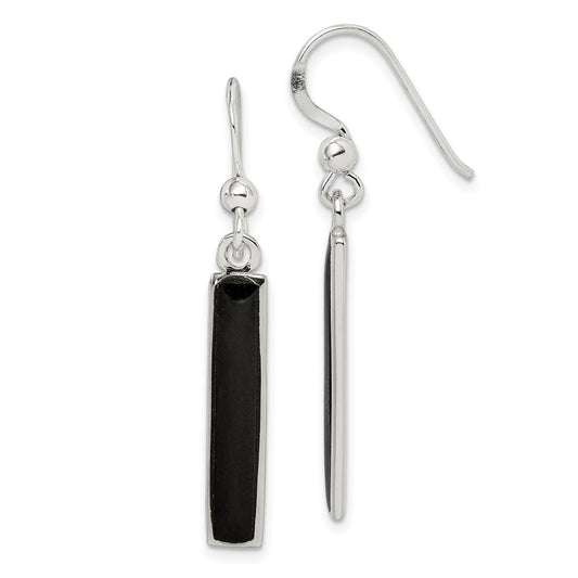 QE2728 Sterling Silver Polished Onyx Bar Dangle Earrings