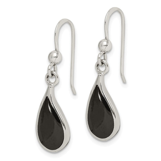 QE2731 Sterling Silver Polished Curved Onyx Teardrop Dangle Earrings