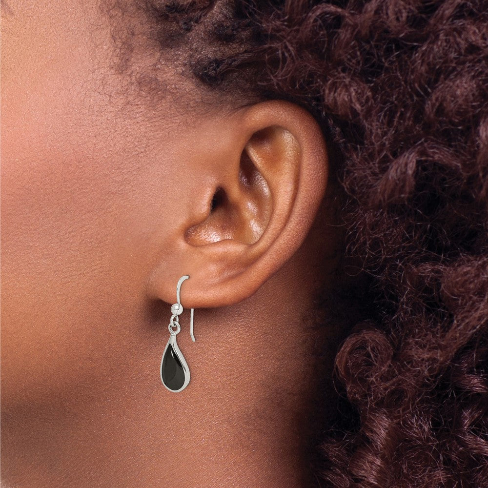 QE2731 Sterling Silver Polished Curved Onyx Teardrop Dangle Earrings