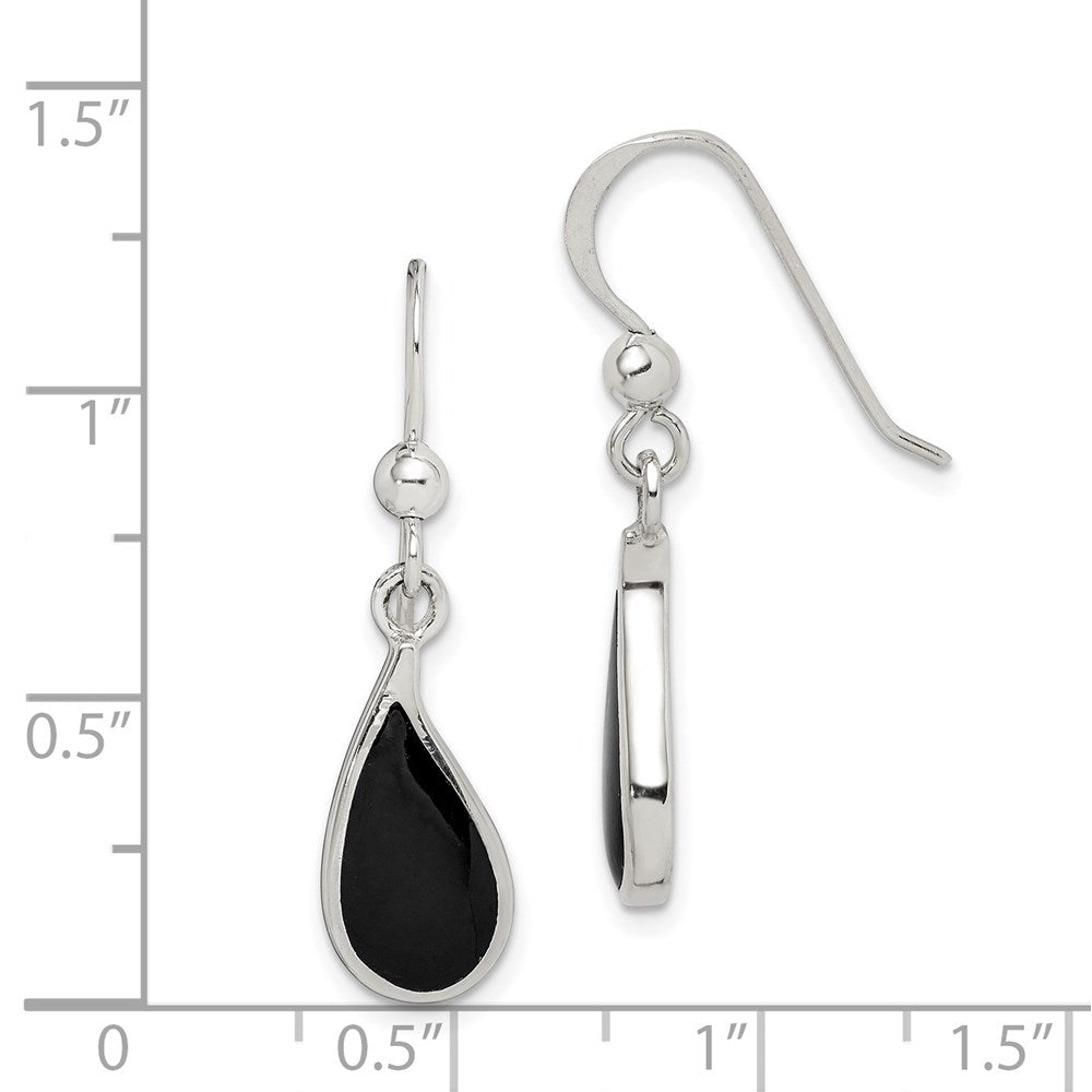 QE2731 Sterling Silver Polished Curved Onyx Teardrop Dangle Earrings