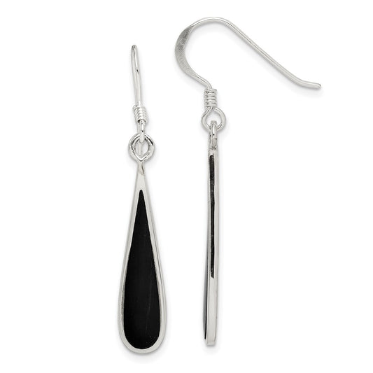 QE2738 Sterling Silver Polished Onyx Teardrop Dangle Earrings