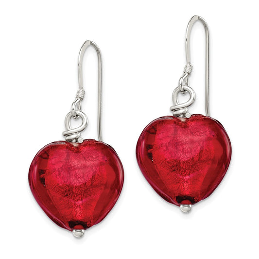 QE2873 Sterling Silver Red Murano Glass Heart Dangle Earrings
