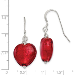 QE2873 Sterling Silver Red Murano Glass Heart Dangle Earrings