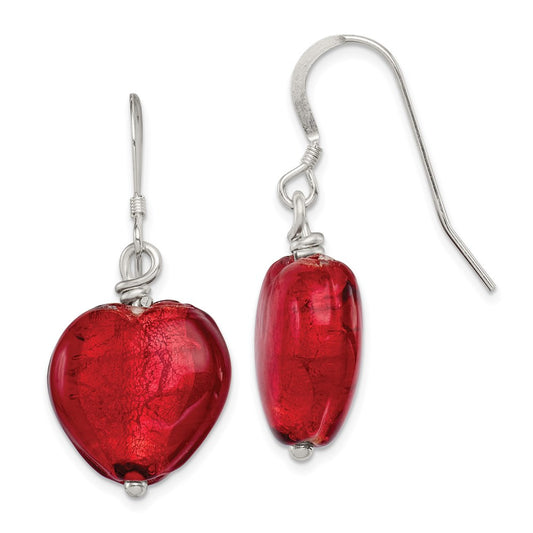 QE2873 Sterling Silver Red Murano Glass Heart Dangle Earrings