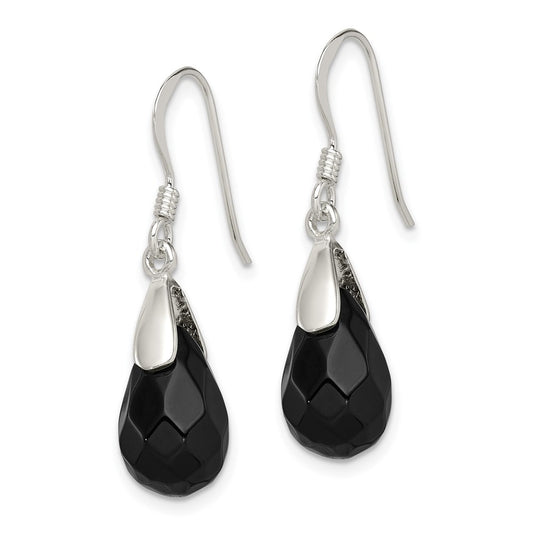 QE2894 Sterling Silver Polished Faceted Onyx Teardrop Dangle Earrings