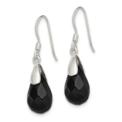 QE2894 Sterling Silver Polished Faceted Onyx Teardrop Dangle Earrings