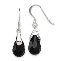 QE2894 Sterling Silver Polished Faceted Onyx Teardrop Dangle Earrings