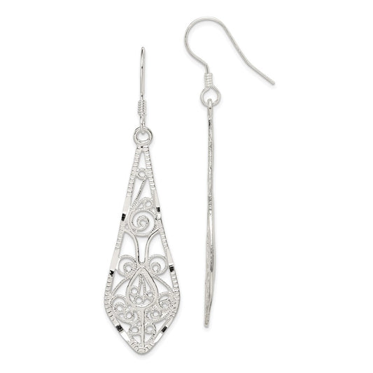 QE2 Sterling Silver Polished D/C Filigree Elongated Teardrop Dangle Earrings