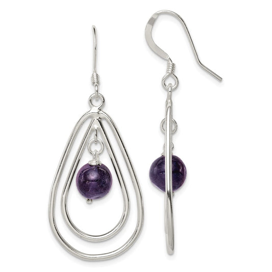 QE3043 Sterling Silver Polished Amethyst Teardrop Dangle Earrings