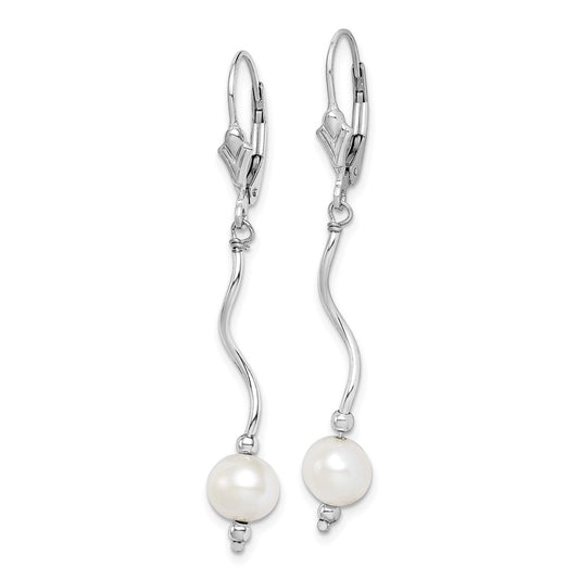 QE3079 Sterling Silver Rhodium-plated 6-7mm White Semi-Round Freshwater Cultured Pearl Leverback Dangle Earrings