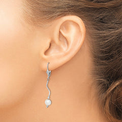 QE3079 Sterling Silver Rhodium-plated 6-7mm White Semi-Round Freshwater Cultured Pearl Leverback Dangle Earrings