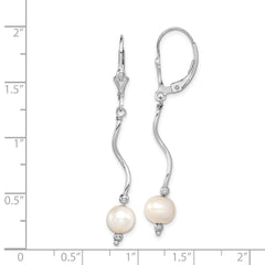 QE3079 Sterling Silver Rhodium-plated 6-7mm White Semi-Round Freshwater Cultured Pearl Leverback Dangle Earrings