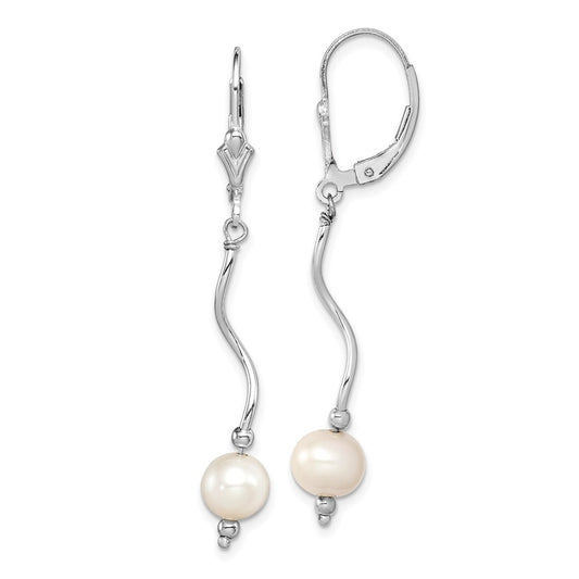 QE3079 Sterling Silver Rhodium-plated 6-7mm White Semi-Round Freshwater Cultured Pearl Leverback Dangle Earrings