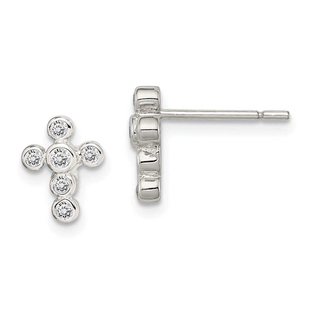 QE3082 Sterling Silver Rhodium-plated Polished Bezel CZ Cross Post Earrings