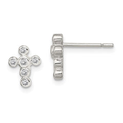 QE3082 Sterling Silver Rhodium-plated Polished Bezel CZ Cross Post Earrings