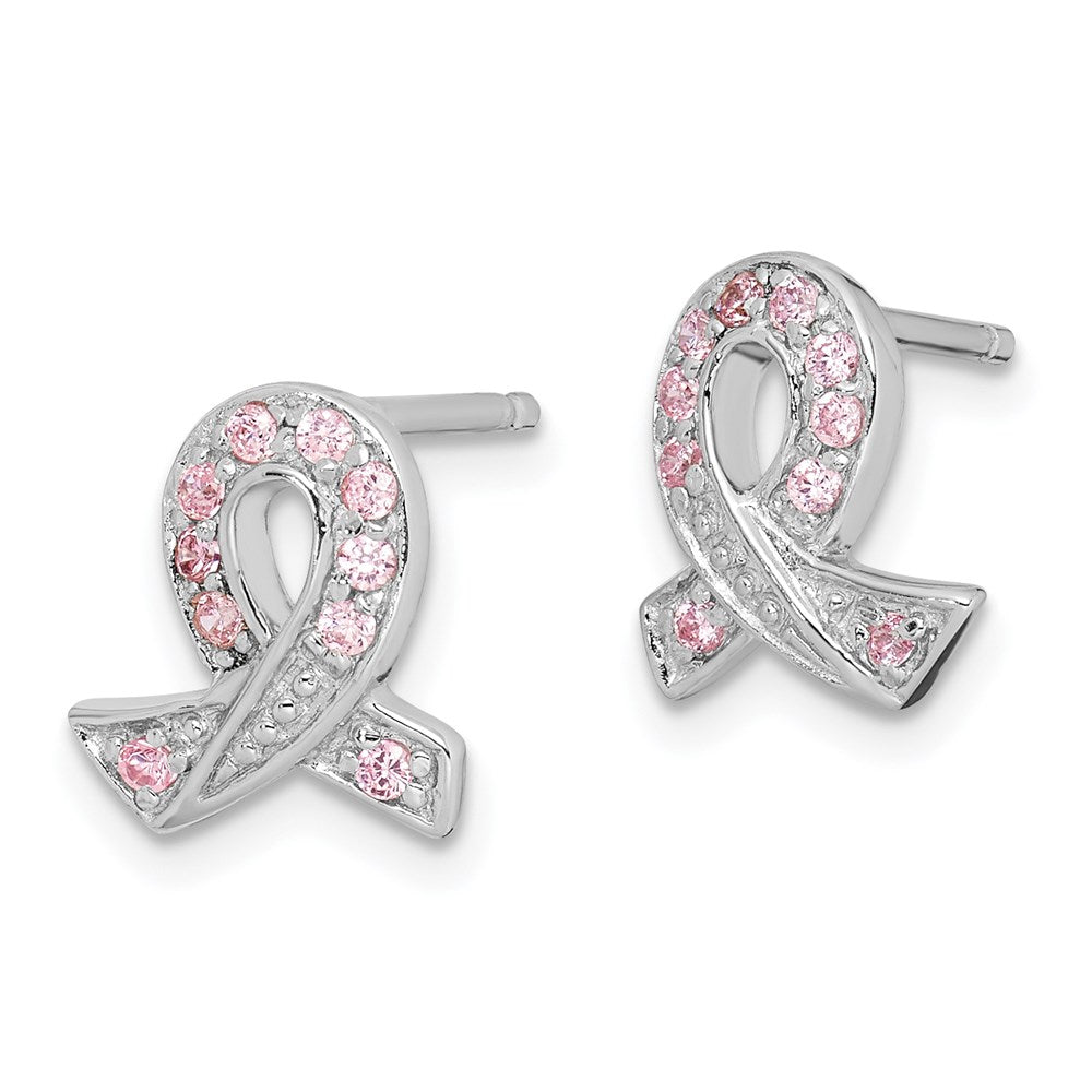 QE3115 Sterling Silver Rhodium-plated Pink CZ Ribbon Earrings