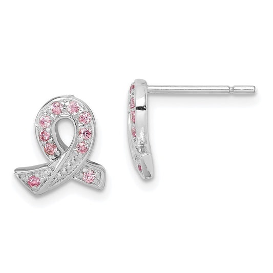 QE3115 Sterling Silver Rhodium-plated Pink CZ Ribbon Earrings