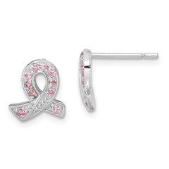QE3115 Sterling Silver Rhodium-plated Pink CZ Ribbon Earrings