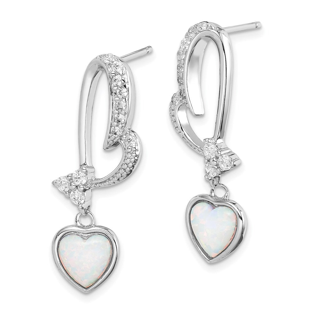 QE3135 Sterling Silver Rhodium plated Created Opal and CZ Heart Earrings