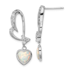 QE3135 Sterling Silver Rhodium plated Created Opal and CZ Heart Earrings