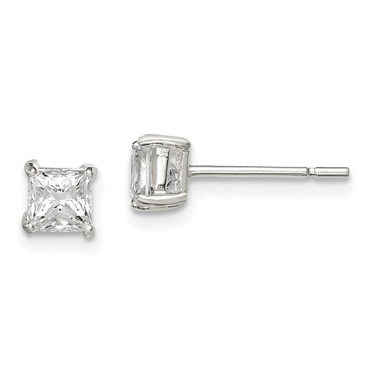 QE3151 Sterling Silver 4mm Princess Basket Set CZ Stud Earrings