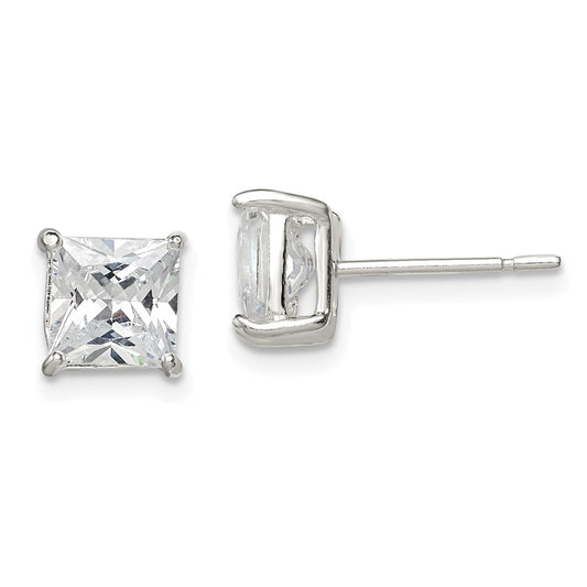 QE3153 Sterling Silver 6mm Princess Basket Set CZ Stud Earrings