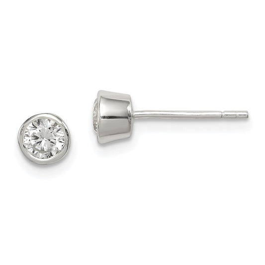 QE3173 Sterling Silver Polished 4mm Round CZ Bezel Set Stud Earrings