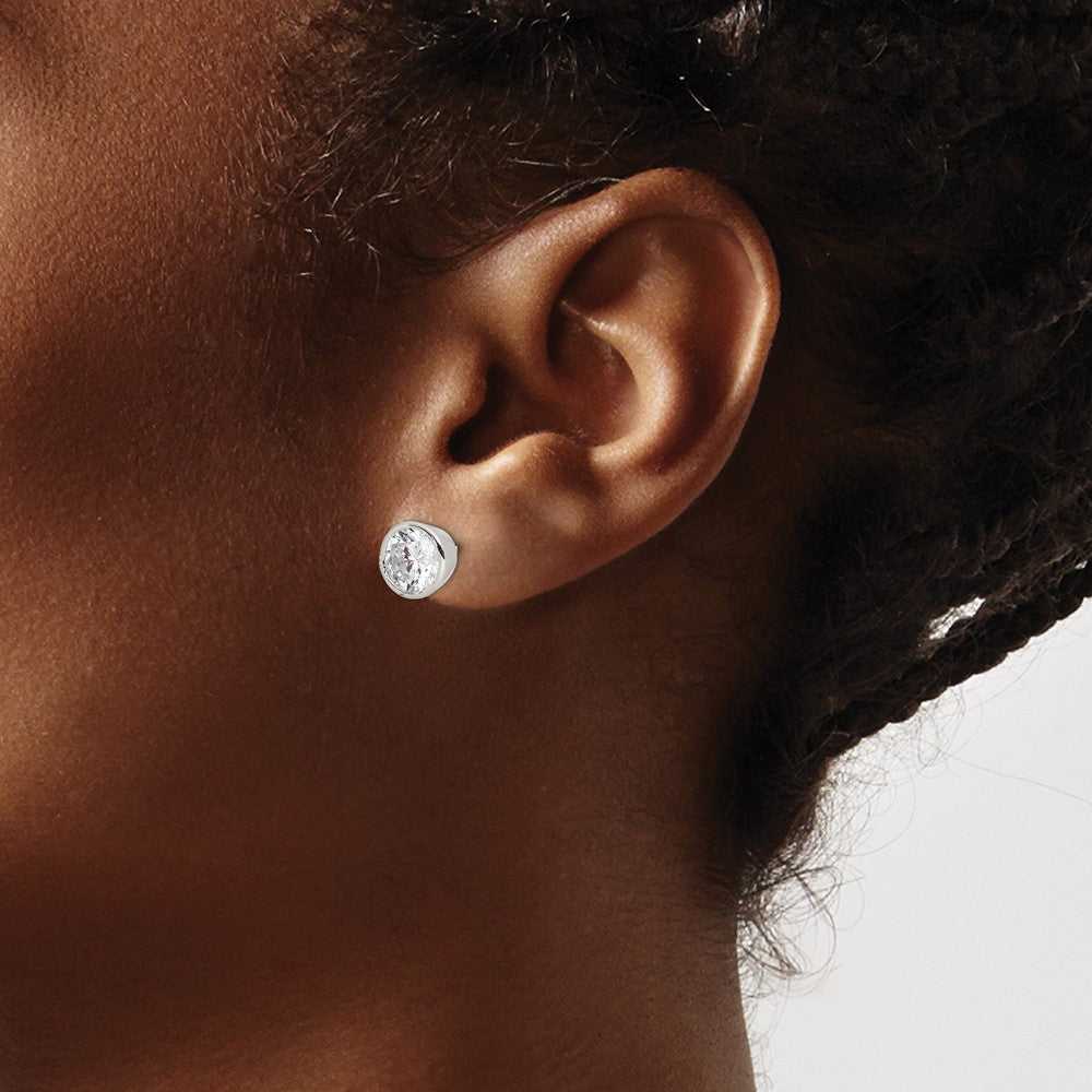 QE3176 Sterling Silver Polished 7mm Round CZ Bezel Set Stud Earrings