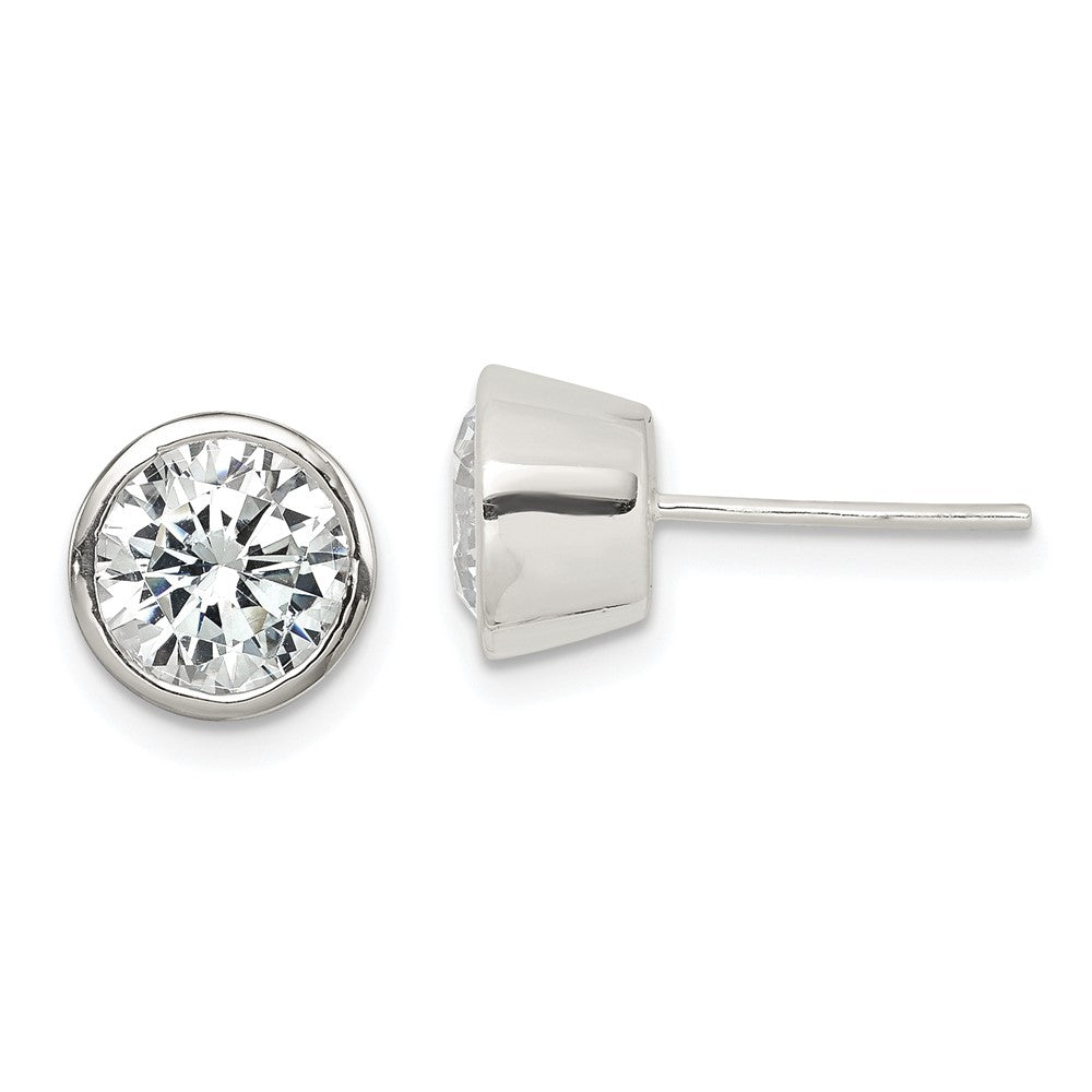 QE3176 Sterling Silver Polished 7mm Round CZ Bezel Set Stud Earrings