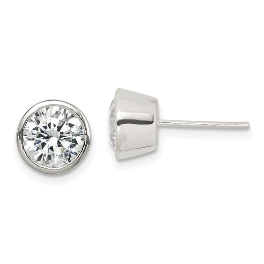 QE3176 Sterling Silver Polished 7mm Round CZ Bezel Set Stud Earrings