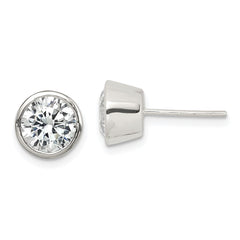 QE3176 Sterling Silver Polished 7mm Round CZ Bezel Set Stud Earrings