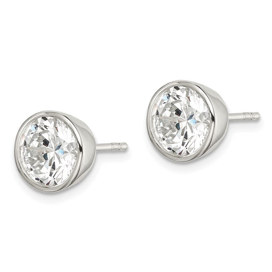 QE3178 Sterling Silver Polished 8mm Round CZ Bezel Set Stud Earrings