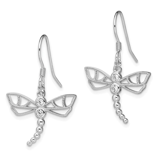 QE3269 Sterling Silver Rhodium-plated CZ Dragonfly Earrings