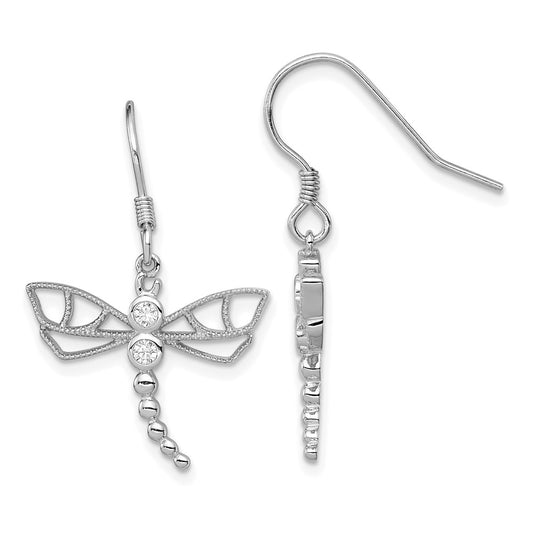 QE3269 Sterling Silver Rhodium-plated CZ Dragonfly Earrings