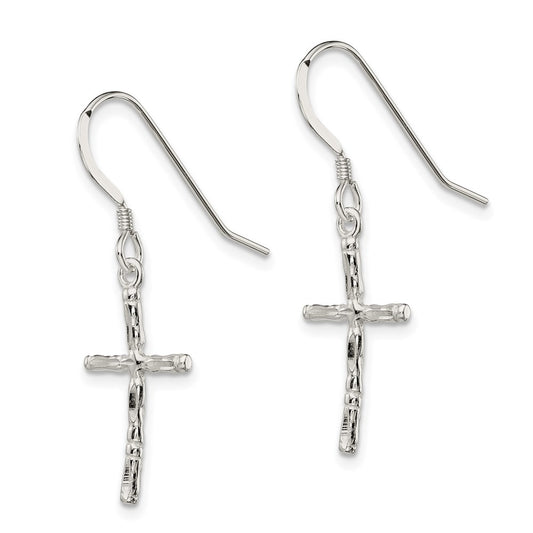 QE3324 Sterling Silver Polished & Textured Cross Dangle Earrings