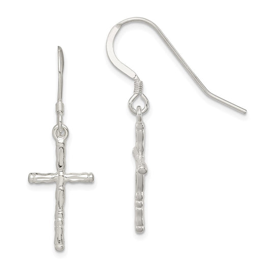 QE3324 Sterling Silver Polished & Textured Cross Dangle Earrings