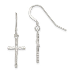QE3324 Sterling Silver Polished & Textured Cross Dangle Earrings