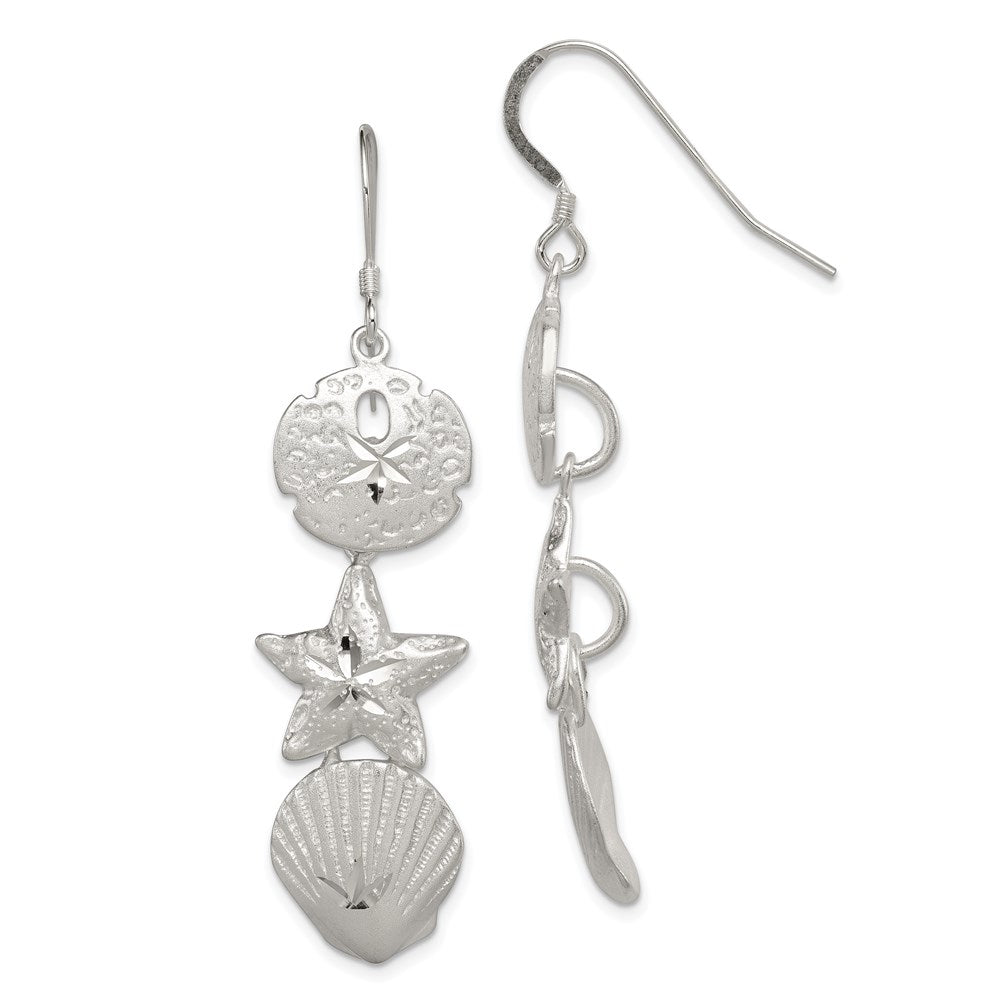 QE3336 Sterling Silver Sand Dollar, Starfish and Shell Earrings