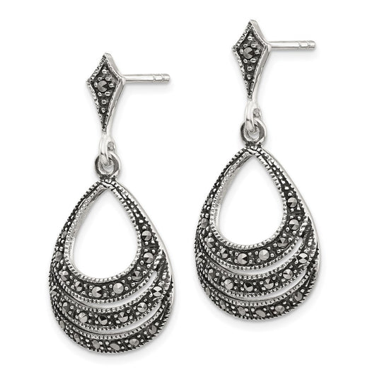 QE3417 Sterling Silver RH-plated Textured Marcasite Teardrop Post Dangle Earrings
