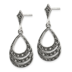 QE3417 Sterling Silver RH-plated Textured Marcasite Teardrop Post Dangle Earrings