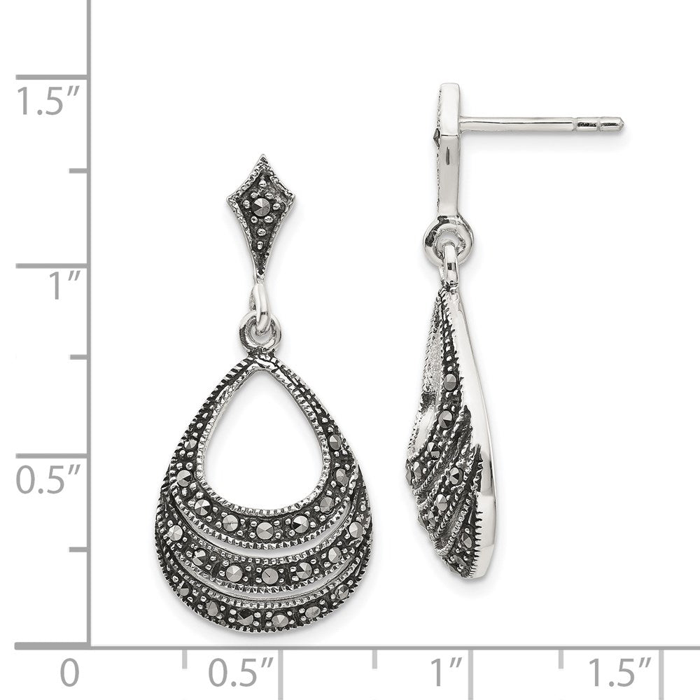 QE3417 Sterling Silver RH-plated Textured Marcasite Teardrop Post Dangle Earrings