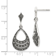 QE3417 Sterling Silver RH-plated Textured Marcasite Teardrop Post Dangle Earrings