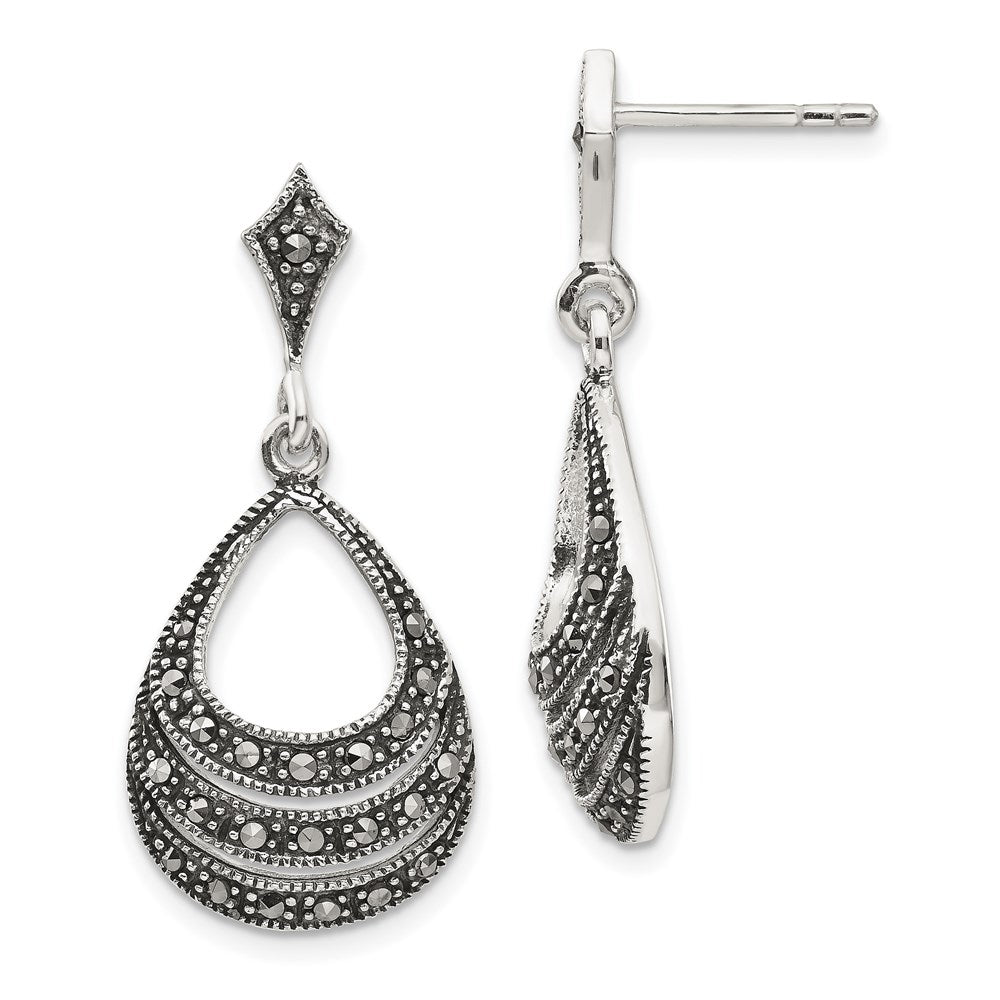 QE3417 Sterling Silver RH-plated Textured Marcasite Teardrop Post Dangle Earrings